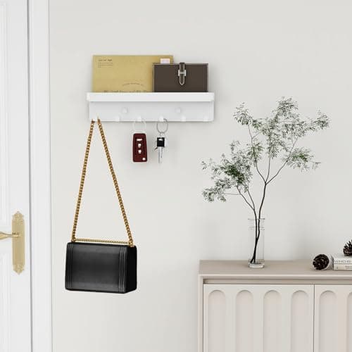 Rustic Key and Mail Organizer Wall Key Holder 6 Key Hooks with Shelf, White Metal Small Key Rack
| Wall Mount Key Organ