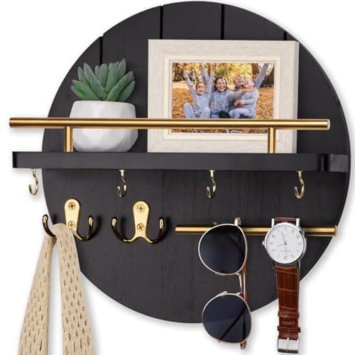 Nekon Black&Gold Rustic Mail Organizer with Shelf and Hooks for Hall Kitchen Entryway