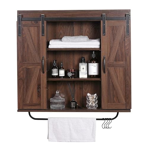 RUSTOWN Dark Walnut Rustic Wood Wall Storage Cabinet with Two Sliding Barn Door, 3-Tier Decorative Farmhouse Vintage Cab