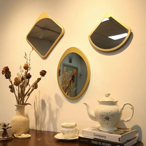 Gold Wall Mirror Living Room Decor, Elegant 3PCS Asymmetrical Mirrors for Modern Home Office or Bedroom, Stylish Wall Ar
