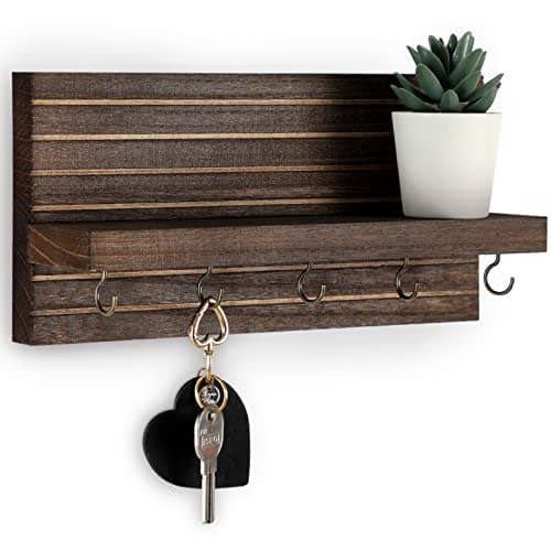 Black Sturdy Wood Keyholder Entrance Hanger with Shelf Holds Leashes and Jackets – Entryway Wall Mount Key Holder with H