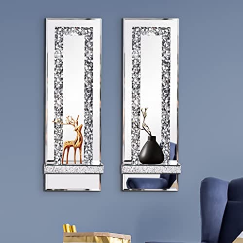 Crystal Crush Diamond Mirrored Candle Sconces, Silver Wall Candle Holder Set of 2, Living Room and Dining Room Decor (Re
