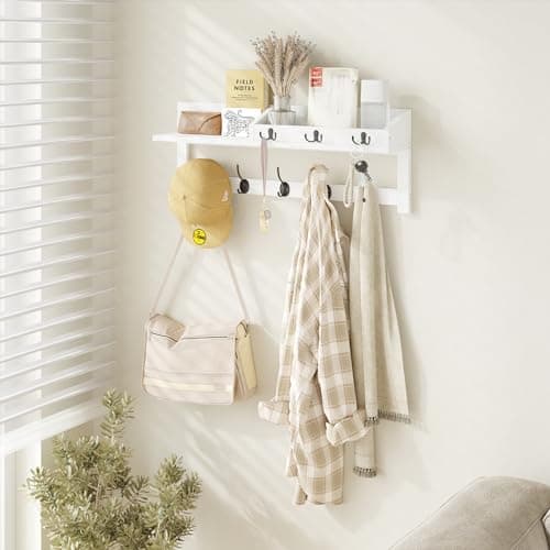AMBIRD Entryway Wood Shelf With 5 Dual Hooks - 26.57-Inch Wall Hanging Shelf for Coat Storage (White)  
Entryway Wood Or