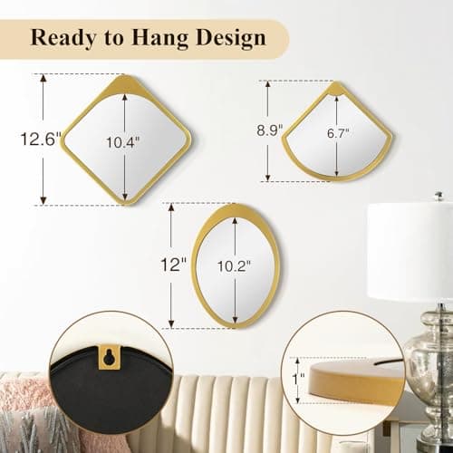 Gold Wall Mirror Living Room Decor, Elegant 3PCS Asymmetrical Mirrors for Modern Home Office or Bedroom, Stylish Wall Ar