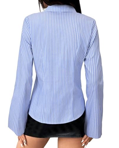 Gleeivy Women's Striped Button Down Shirts Y2k Crop Tops V Neck Collared Slim Fit Blouses Flare Sleeve Streetwear