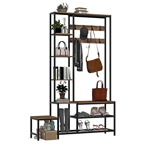 5-in-1 Industrial Hall Tree with Shoe Storage Bench Coat RackSmall Cute Side Bench with 7 Hooks and 4 Tier Storage Shelv