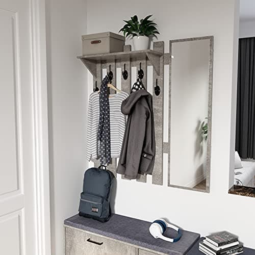 Modern Grey 39.4" Wall Mount Coat Rack with Mirror and 5 Hooks for Hallway and Entryway (Storage Included)
