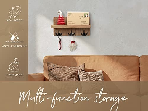Rebee Vision Rustic Brown Farmhouse Key Holder for Wall with Shelf and 3 Hooks - Entryway Decor