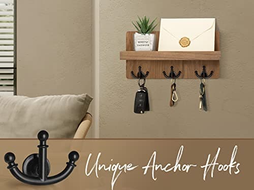 Rebee Vision Rustic Brown Farmhouse Key Holder for Wall with Shelf and 3 Hooks - Entryway Decor
