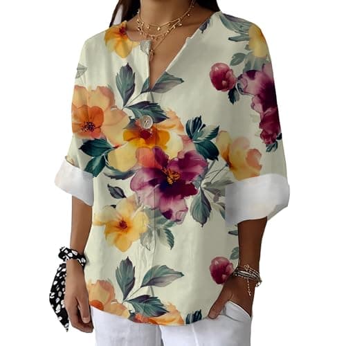 Bivenant Women's Floral Blouses Vintage Cotton Linen Button V-Neck T-Shirts 3/4 Sleeve Boho Tunic Tops for Summer
| Wom