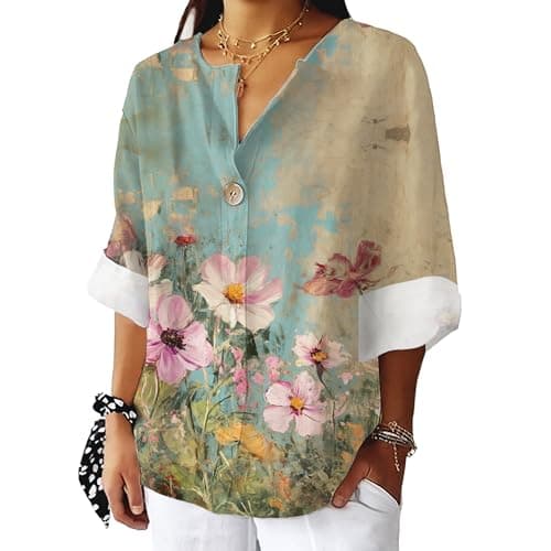 Bivenant Women's Floral Blouses Vintage Cotton Linen Button V-Neck T-Shirts 3/4 Sleeve Boho Tunic Tops for Summer
| Wom