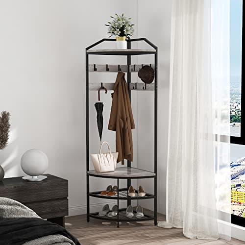 GiftGo Grey Corner Hall Tree with Shoe Bench (Greige) for Home Office Bedroom