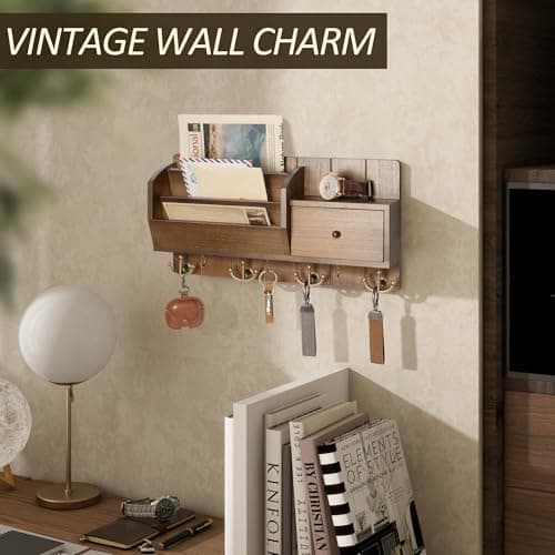 Modern Farmhouse Key Holder with Hooks and Mini Drawer - Rustic Apartment Essentials for Home Improvement (Brown & Golde