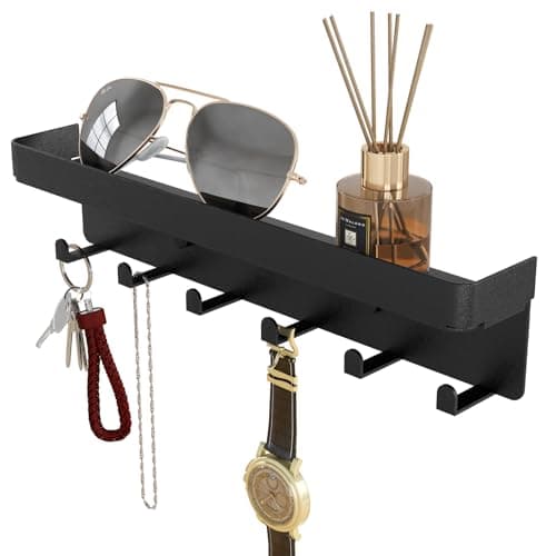 Rustic Key Holder for Wall with Shelf Metal Matte Black, Small Key Organizer for Entryway Hallway Living Room Decor, 6 K