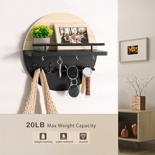 Wall Decorative Key Holder with Shelf and Hooks - Rustic Home Decor for Mail Organization and Entryway Organization
| M