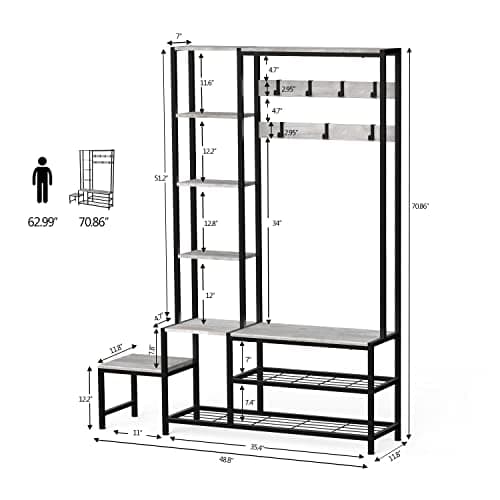 5-in-1 Industrial Hall Tree with Shoe Storage Bench Coat RackSmall Cute Side Bench with 7 Hooks and 4 Tier Storage Shelv