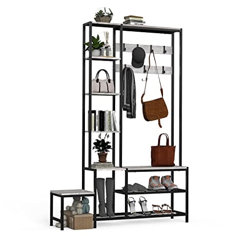 5-in-1 Industrial Hall Tree with Shoe Storage Bench Coat RackSmall Cute Side Bench with 7 Hooks and 4 Tier Storage Shelv