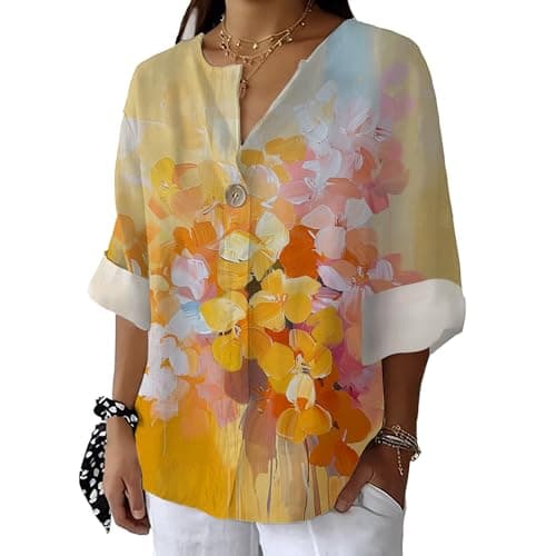 Bivenant Women's Floral Blouses Vintage Cotton Linen Button V-Neck T-Shirts 3/4 Sleeve Boho Tunic Tops for Summer
| Wom