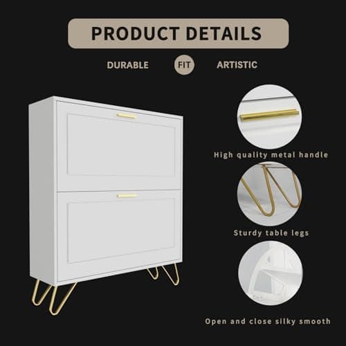 Golden Shoe Cabinet with 2 Flip Drawers for Entryway and Foyer
| Adjustable Shelf Shoe Organizer Cabinet for Hallway wi