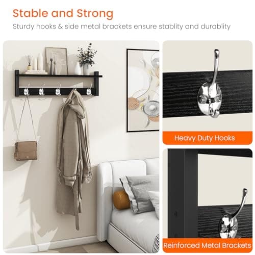 Homode Black Wall Mount Coat Rack with Shelf, 24" Long Entryway Organizer, Wooden Hooks for Hats, Towels, Clothes