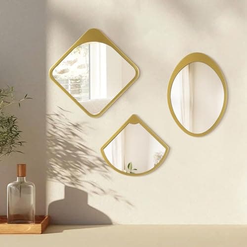 Gold Wall Mirror Living Room Decor, Elegant 3PCS Asymmetrical Mirrors for Modern Home Office or Bedroom, Stylish Wall Ar