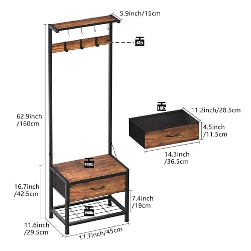 LUMTOK Multi-Purpose Hall Tree Organizer for Living Room and Bedroom (Rustic Brown)
| LUMTOK Hall Tree with Bench and S