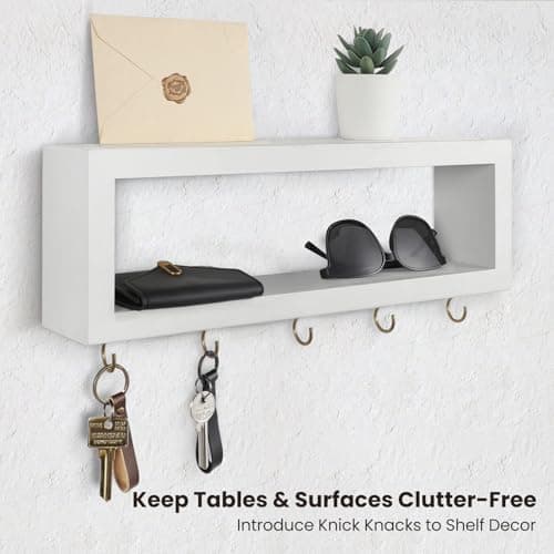 Decorative Wall Shelf with Hooks for Entryway Holds Sunglasses and Leashes (White)
| Paulownia Wood Wall Organizer Shel