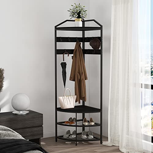 GiftGo Modern Black Entryway Corner Hall Tree with Shoe Bench for Home Office Bedroom