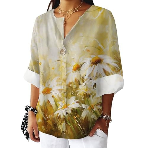 Bivenant Women's Floral Blouses Vintage Cotton Linen Button V-Neck T-Shirts 3/4 Sleeve Boho Tunic Tops for Summer
| Wom
