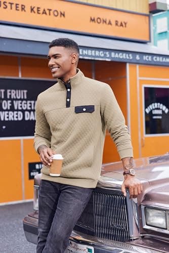 COOFANDY Men Quilted Sweatshirts Outdoor Polo Sweatshirt with Pockets