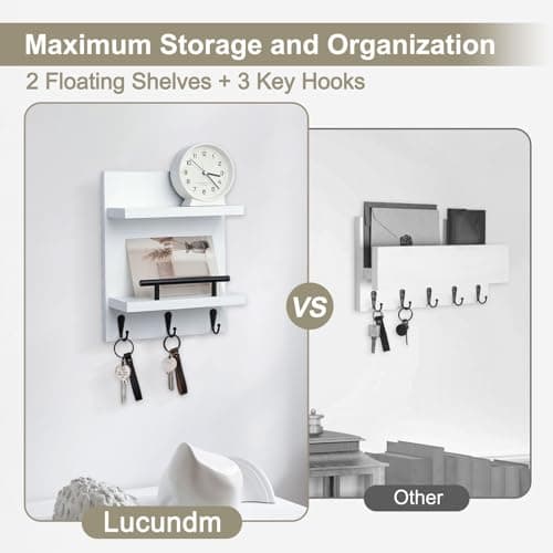 White Key Holder Wall Mount Mail Shelf Decor with 3 Key Hooks Versatile Wood Wall Organizer for Entryway Hallway (8.2” x