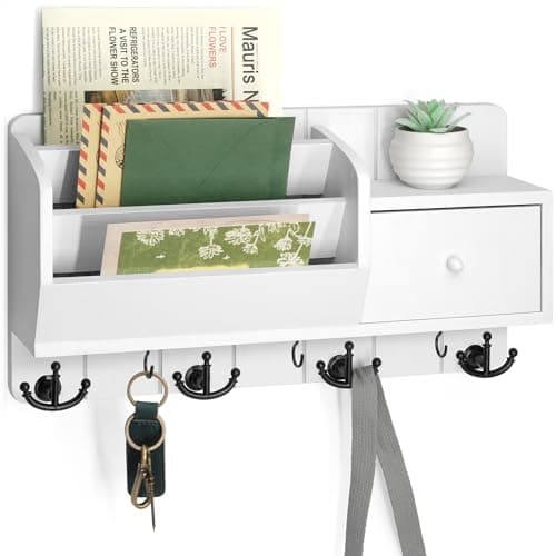 Modern Farmhouse Key Holder with Hooks and Mini Drawer - Rustic Apartment Essentials for Home Improvement (Brown & Golde