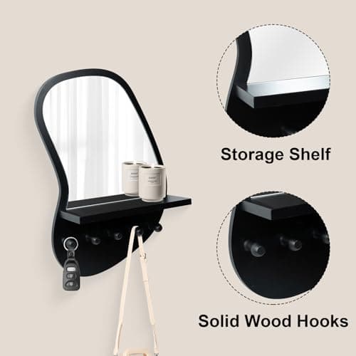 SANY DAYO HOME Irregular Wood Mirror for Entryway | 16" x 12" Black with Hooks and Shelf
SANY DAYO HOME Modern Irregular
