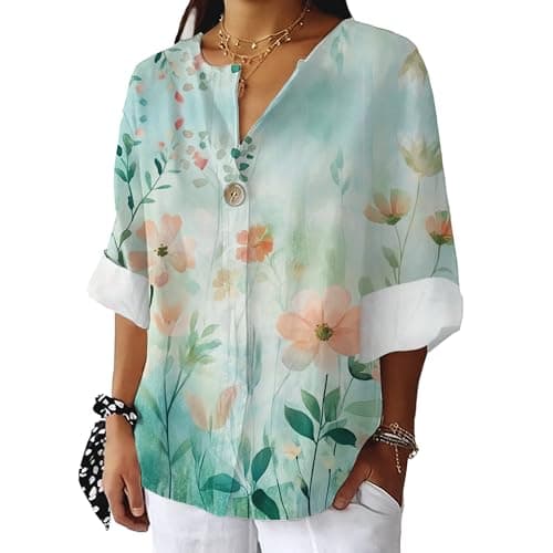 Bivenant Women's Floral Blouses Vintage Cotton Linen Button V-Neck T-Shirts 3/4 Sleeve Boho Tunic Tops for Summer
| Wom