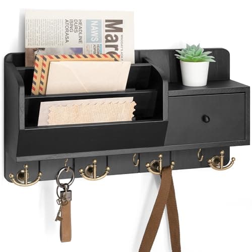 Modern Farmhouse Key Holder with Hooks and Mini Drawer - Rustic Apartment Essentials for Home Improvement (Brown & Golde