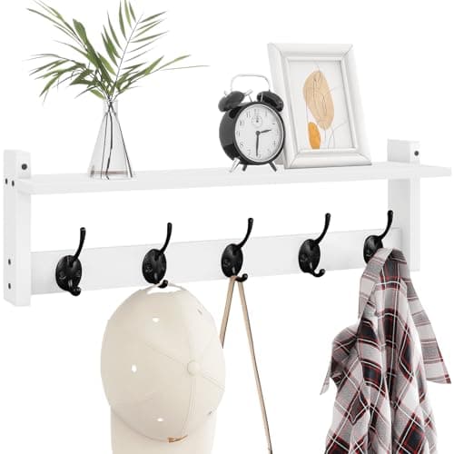 Homode Black Wall Mount Coat Rack with Shelf, 24" Long Entryway Organizer, Wooden Hooks for Hats, Towels, Clothes