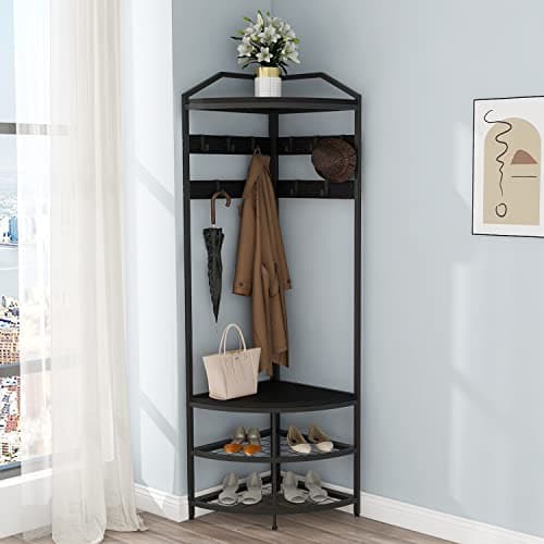 GiftGo Modern Black Entryway Corner Hall Tree with Shoe Bench for Home Office Bedroom