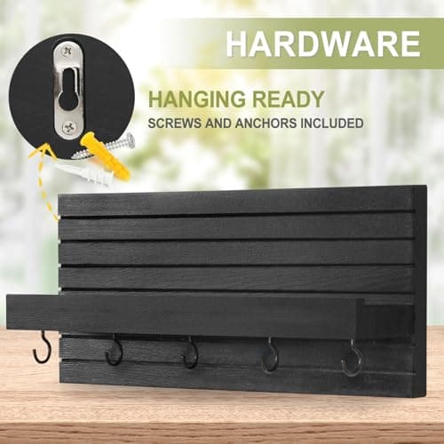 Black Sturdy Wood Keyholder Entrance Hanger with Shelf Holds Leashes and Jackets – Entryway Wall Mount Key Holder with H