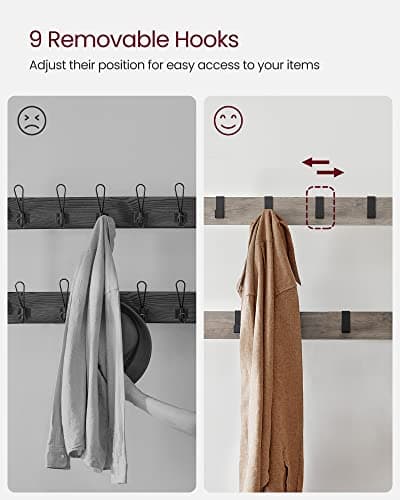 VASAGLE UHSR40MB Coat Rack, Hall Tree with Shoe Bench for Entryway, 4-in-1 with 9 Hooks and Hanging Rod, Greige and Blac