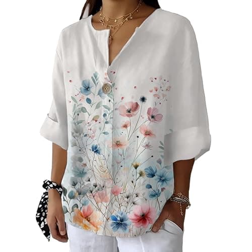 Bivenant Women's Floral Blouses Vintage Cotton Linen Button V-Neck T-Shirts 3/4 Sleeve Boho Tunic Tops for Summer
| Wom
