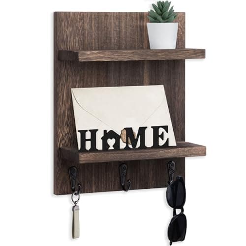 White Key Holder Wall Mount Mail Shelf Decor with 3 Key Hooks Versatile Wood Wall Organizer for Entryway Hallway (8.2” x