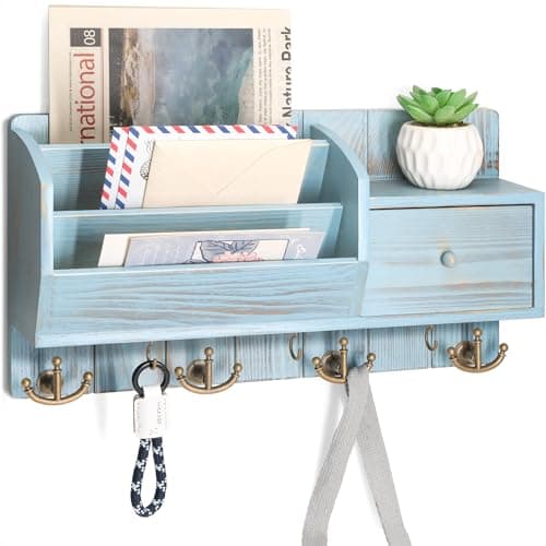 Modern Farmhouse Key Holder with Hooks and Mini Drawer - Rustic Apartment Essentials for Home Improvement (Brown & Golde