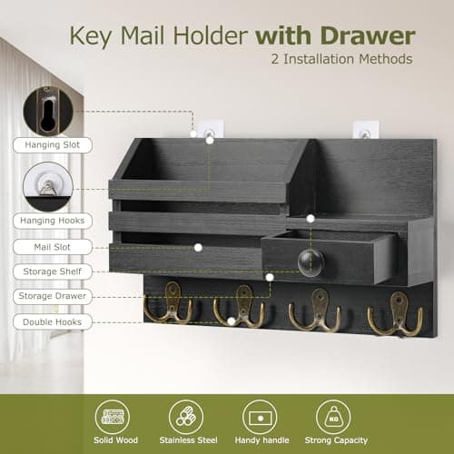 Black Wooden Adhesive Mail and Key Organizer with Drawer for Wall Mount
| Wall Mount Wooden Adhesive Key Holder with Dr
