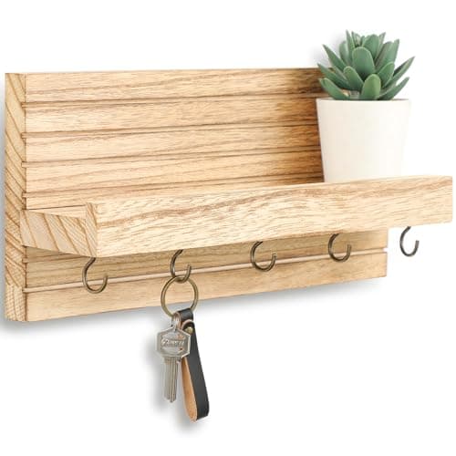 Black Sturdy Wood Keyholder Entrance Hanger with Shelf Holds Leashes and Jackets – Entryway Wall Mount Key Holder with H