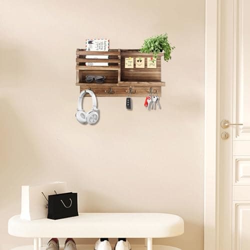 Solid Wood Wall Mount Key Holder and Mail Organizer (Burnt Brown)
| Self Adhesive or Drill Mounted 8 Hook Key Rack (Bur