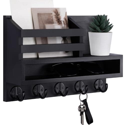 Key and Mail Holder Wall Mount, Durable Long Storage Box and Multiple Hooks for Coat and Dog Leash, Ideal for Home Deco