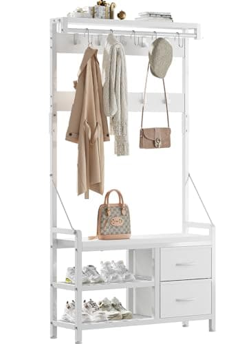 Lulive Hall Tree, Freestanding Entryway Bench with Coat Rack, Rustic Brown, 17 Hooks and Drawers, 5 in 1 Intelligent Des