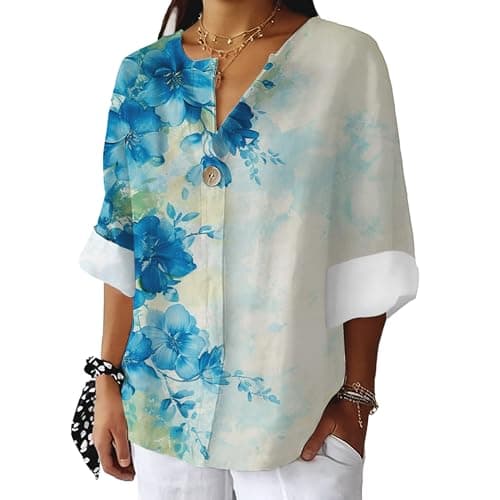 Bivenant Women's Floral Blouses Vintage Cotton Linen Button V-Neck T-Shirts 3/4 Sleeve Boho Tunic Tops for Summer
| Wom