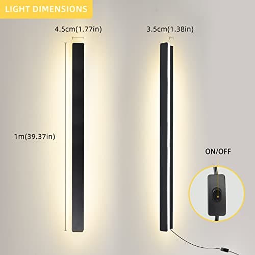 Modern Plug-in Long Wall Sconce, 39" Black Matte LED Wall Lights, 20W Warm White 3000K Acrylic Indoor Wall Lamp for Bedr