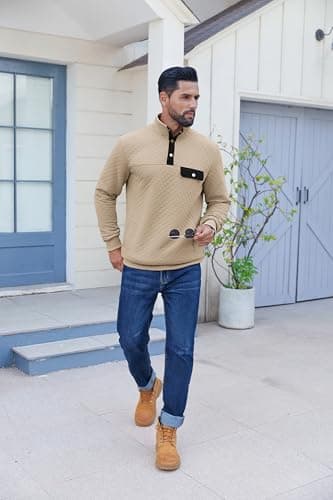 COOFANDY Men Quilted Sweatshirts Outdoor Polo Sweatshirt with Pockets